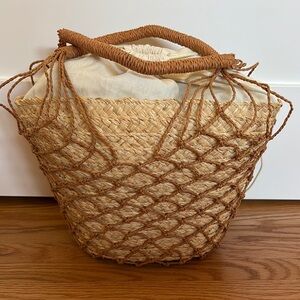 J. Crew Cream and Tan Woven Tote Bag with Leather Handles